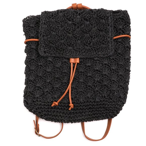 Black/Cognac Drawstring Contrast Crochet Raffia Backpack - Picture 4 of 6